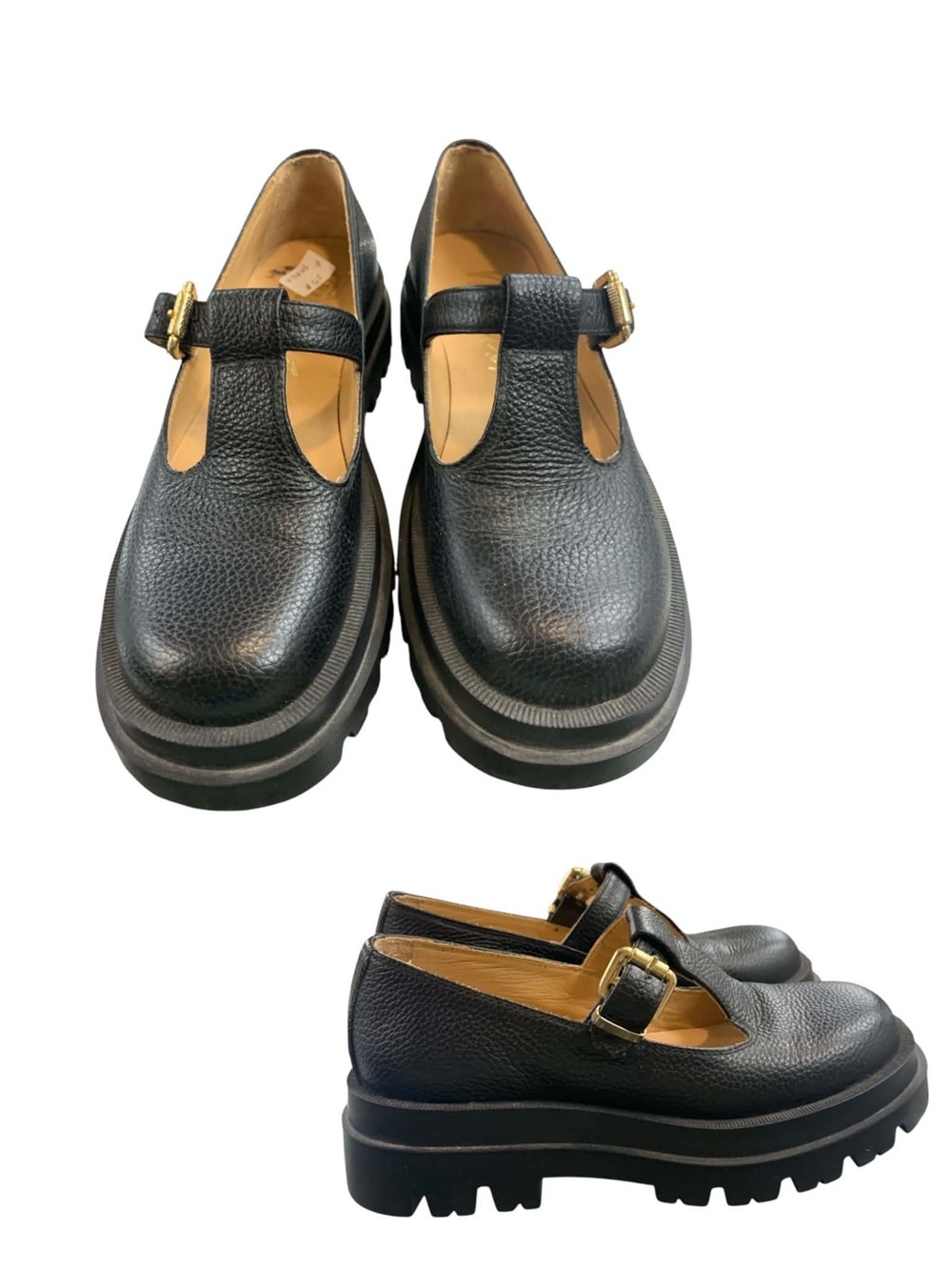 Mimosa Chunky Black T‑Bar Mary Jane Shoes with Gold Buckles S7
